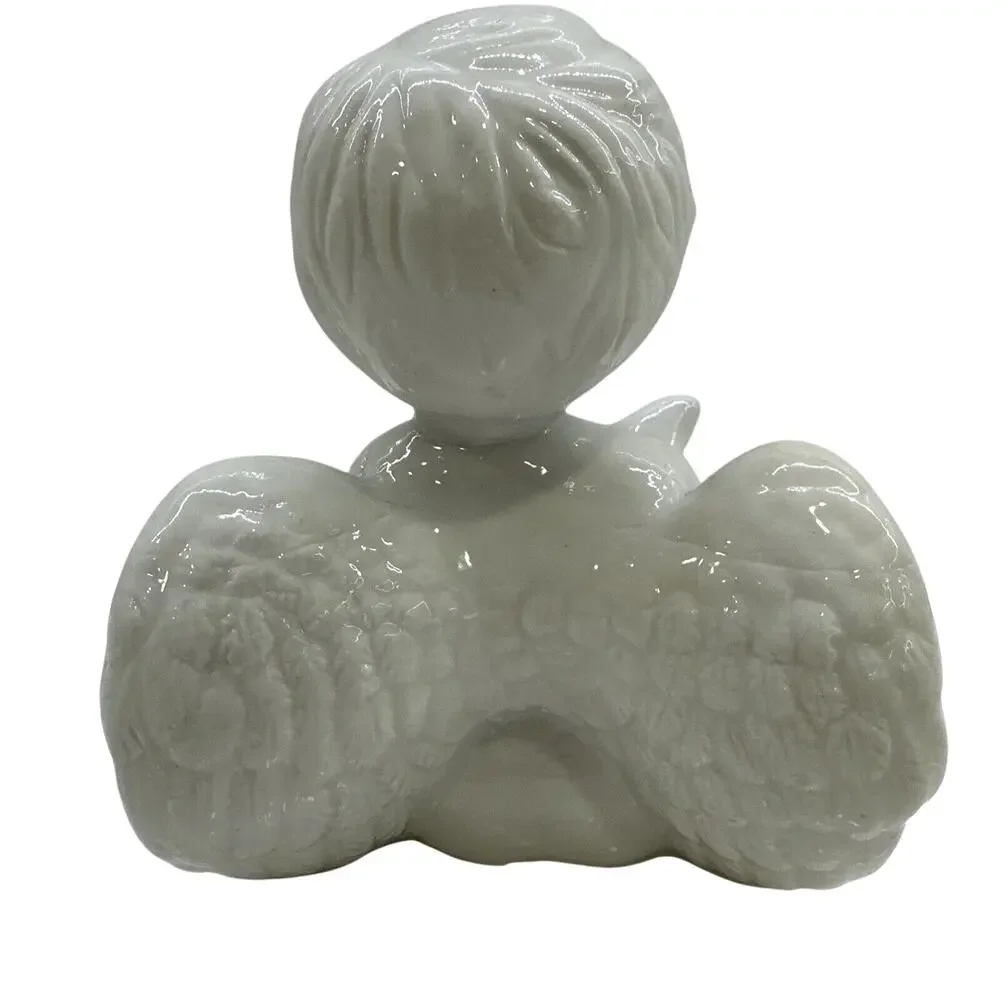 Vintage White Ceramic Cherub Baby Angel Figurine Sitting With Offering
